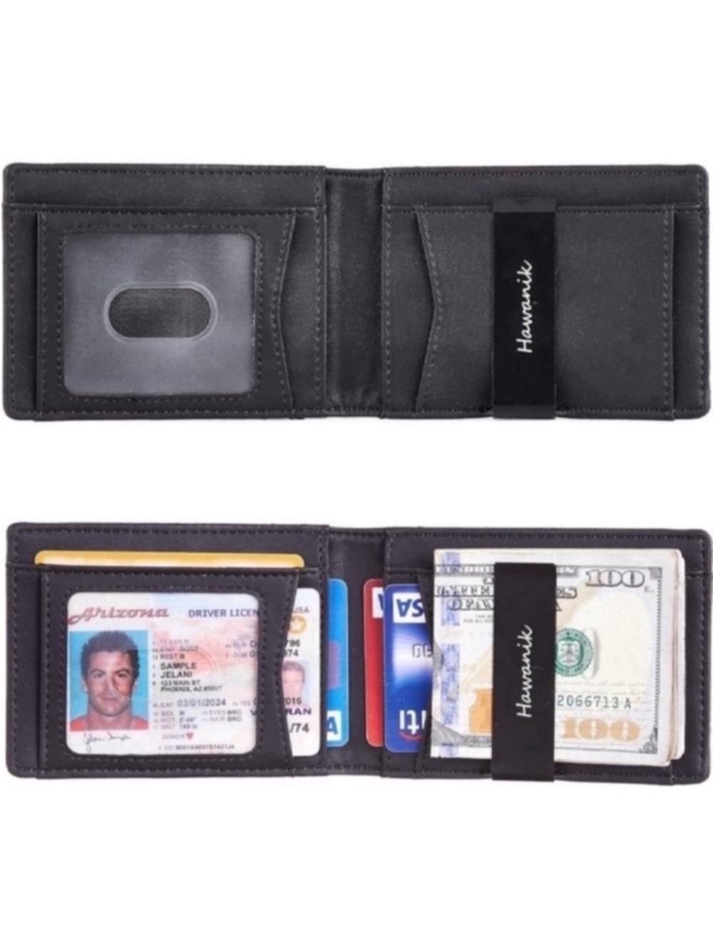 Black Leather Men's Bifold Wallet with Money Clip and ID Window